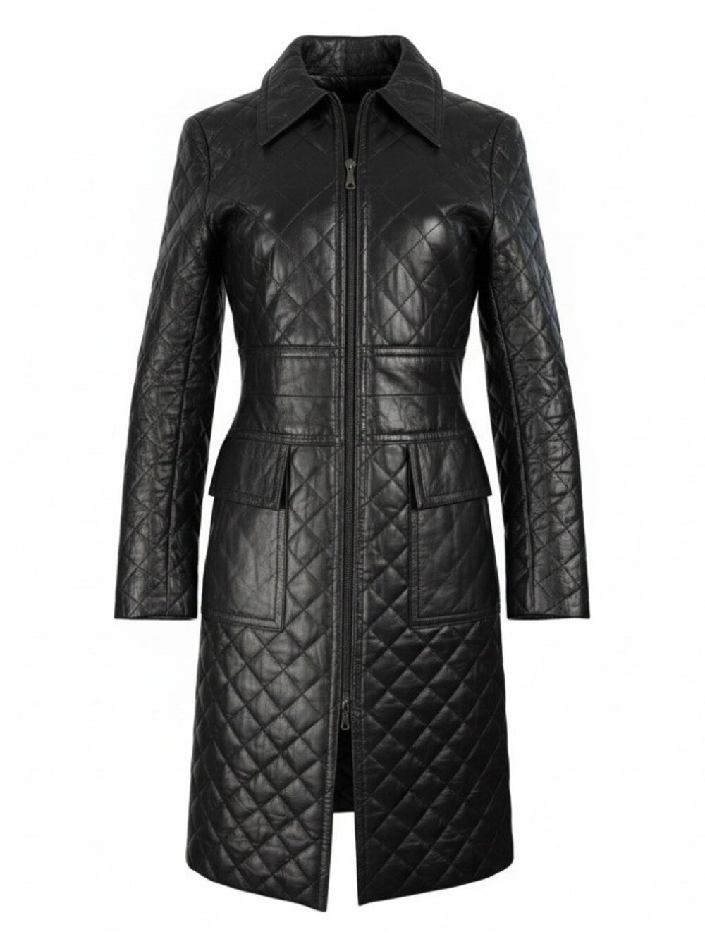 Express Womens Leather Trench Coat Long Black Quilted Jacket Small